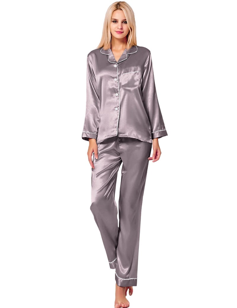 SWOMOG Womens Silk Satin Pajamas Set Button Down Sleepwear Loungewear - Image 3